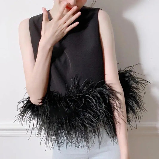 Sleeveless Patchwork Ostrich Feather